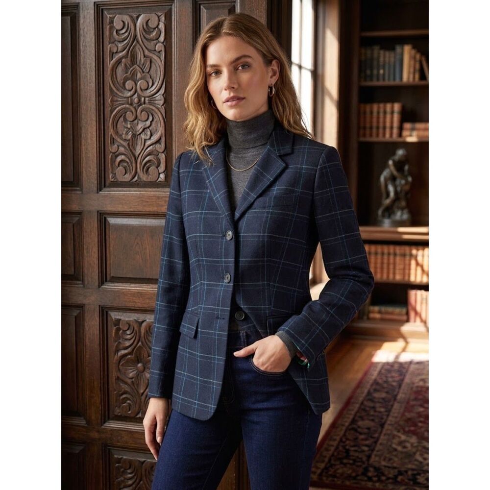 J Crew Factory Blazer Women's 6 Wool Blend Navy Plaid Lined Jacket Academia